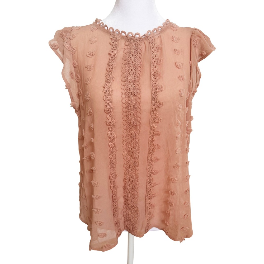 Mine Sheer Embroidered Blouse Top Sleeveless Pink Crochet Trim‎ Detail Sz S
